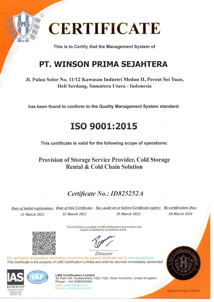 Certifications - Winson Cold Storage
